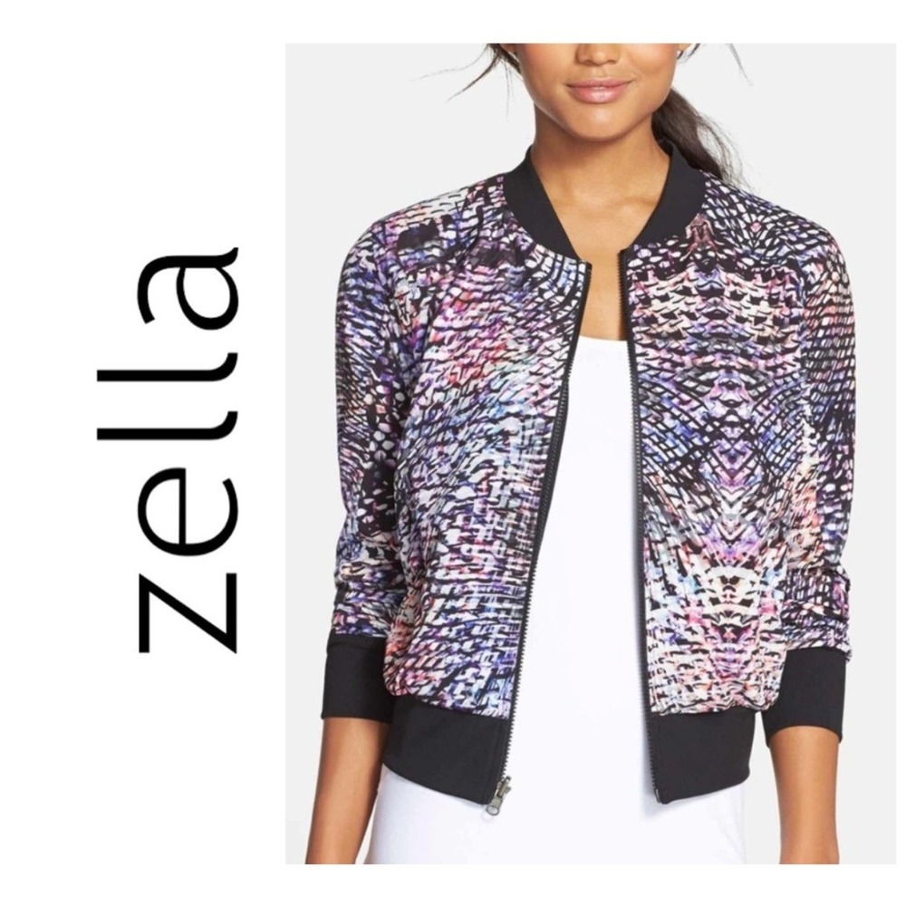 Zella Reversible Bomber Jacket Multicolor Abstract Black Mesh XS Athleisure